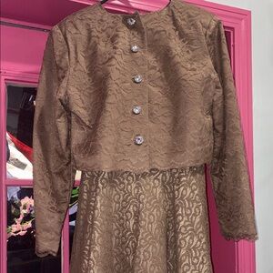 Girls Brown Lace Dress with Decorative Buttons